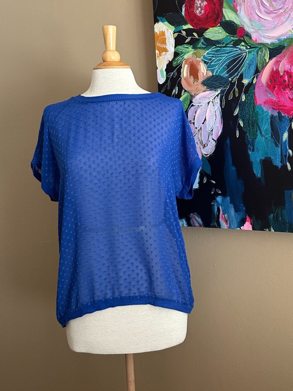 Bobeau Blue Swiss Dot Sheer Blouse Top Size S Dolman Sleeve